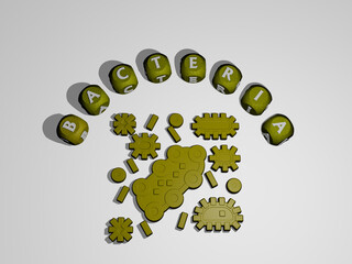 3D representation of BACTERIA with icon on the wall and text arranged by metallic cubic letters on a mirror floor for concept meaning and slideshow presentation. illustration and background