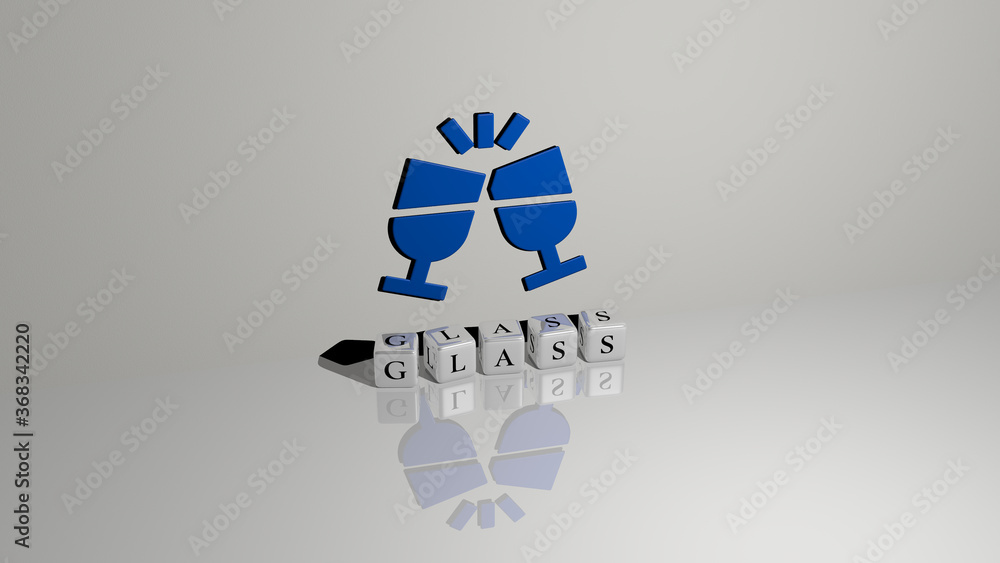 Poster 3D graphical image of GLASS vertically along with text built by metallic cubic letters from the top perspective, excellent for the concept presentation and slideshows. background and illustration