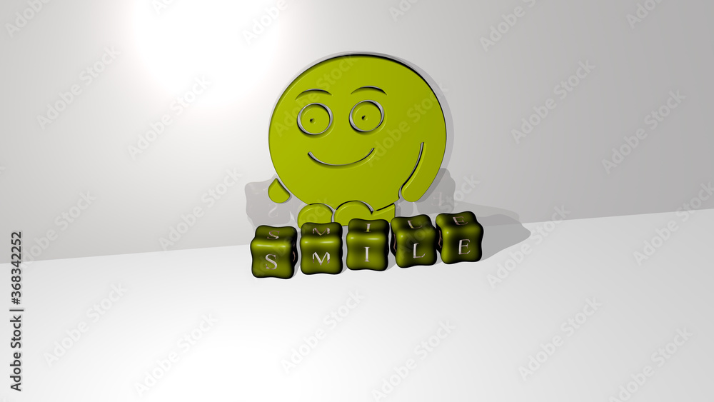 Aufkleber 3d graphical image of smile vertically along with text built by metallic cubic letters from the top 