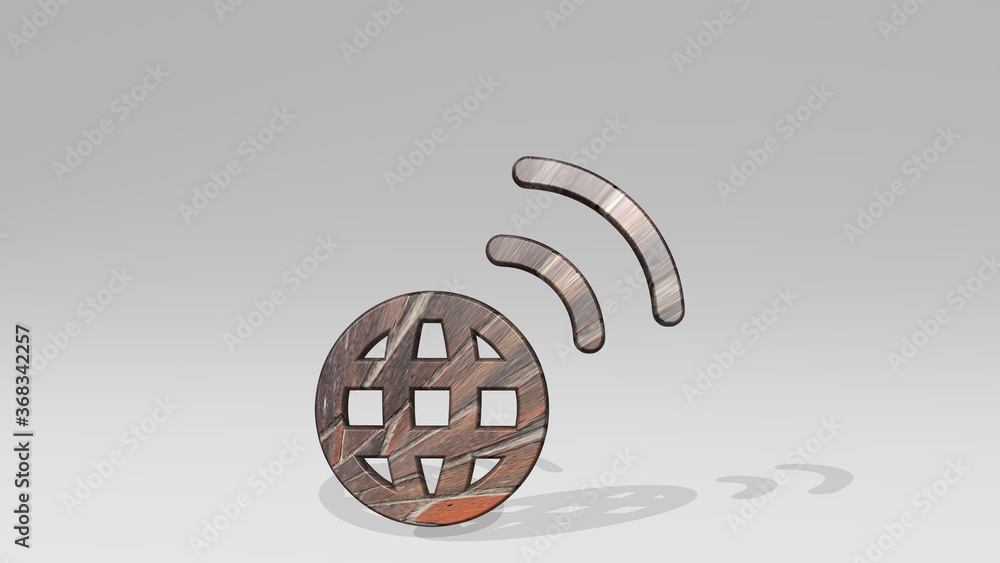 Poster network signal casting shadow with two lights. 3d illustration of metallic sculpture over a white ba