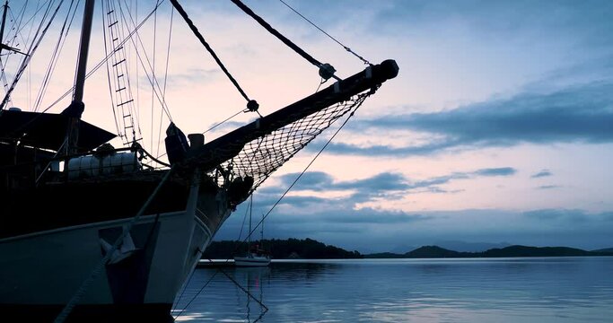 Sailing ship in Nidri marina at sunrise