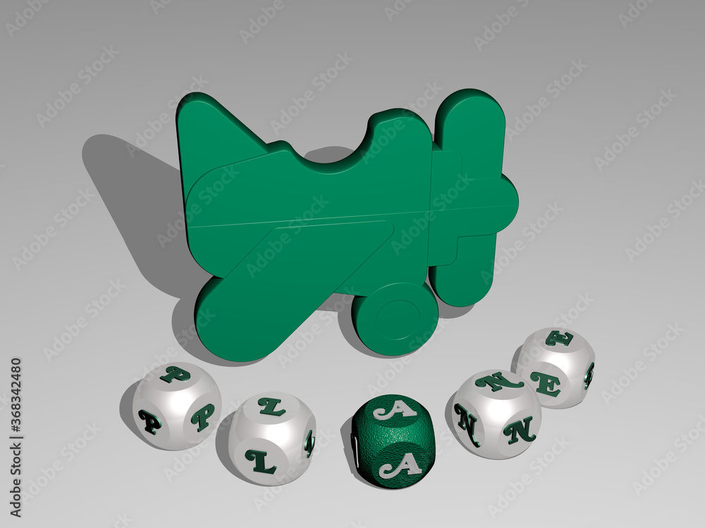 Poster 3d graphical image of plane vertically along with text built around the icon by metallic cubic lette