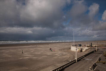 Seaside, Oregon;  View of the turnaround  and boardwalk at Seaside Oregon on a windy, stormy afternoon.