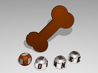 3D illustration of BONE graphics and text around the icon made by metallic dice letters for the related meanings of the concept and presentations. background and anatomy