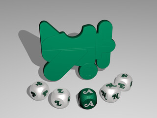 3D graphical image of PLANE vertically along with text built around the icon by metallic cubic letters from the top perspective, excellent for the concept presentation and slideshows. airplane and