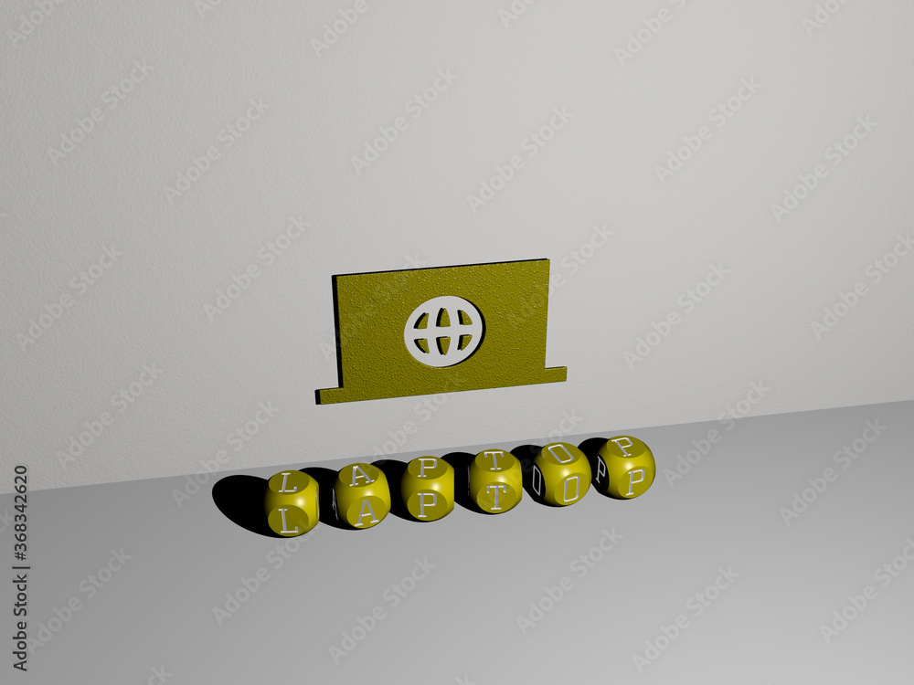 Poster 3d graphical image of laptop vertically along with text built by metallic cubic letters from the top