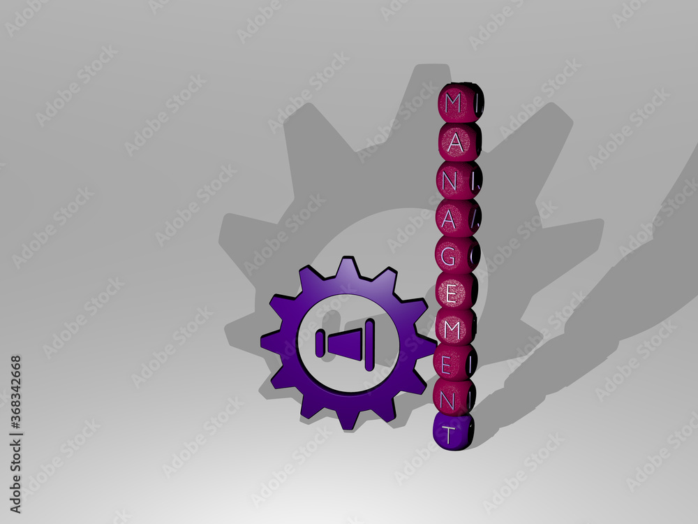 Poster 3d graphical image of management vertically along with text built around the icon by metallic cubic 