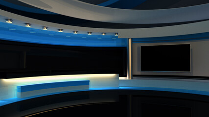 Tv Studio. Blue studio. Backdrop for TV shows .TV on wall. News studio. The perfect backdrop for any green screen or chroma key video or photo production. 3D rendering.