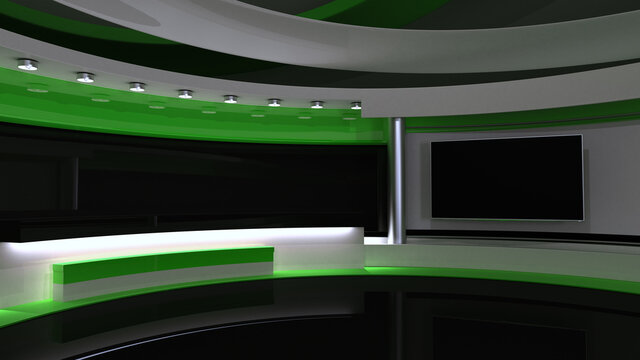 Tv Studio. Green studio. Backdrop for TV shows .TV on wall. News studio. The perfect backdrop for any green screen or chroma key video or photo production. 3D rendering.