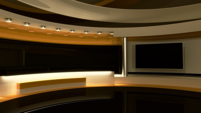 Tv Studio. Yellow studio. Backdrop for TV shows .TV on wall. News studio. The perfect backdrop for any green screen or chroma key video or photo production. 3D rendering.