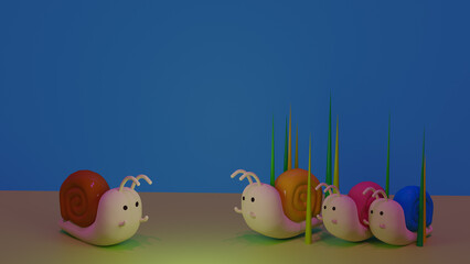 The 3d cartoon illustration picture of the snail family.