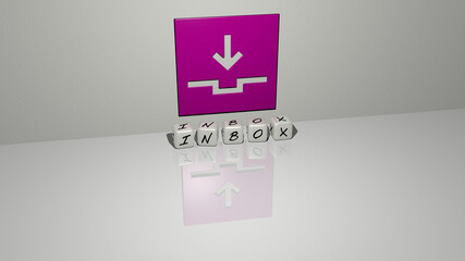 3D graphical image of inbox vertically along with text built by metallic cubic letters from the top perspective, excellent for the concept presentation and slideshows. email and illustration
