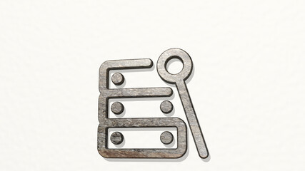 EDUCATIVE TOYS MUSIC from a perspective on the wall. A thick sculpture made of metallic materials of 3D rendering. illustration and education