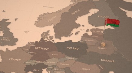 Flag on the map of belarus.
Vintage Map and Flag of European Countries Series 3D Rendering
