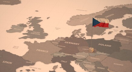 Flag on the map of czech.
Vintage Map and Flag of European Countries Series 3D Rendering