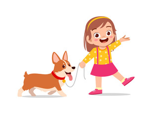 happy cute little kid boy girl play with pet dog