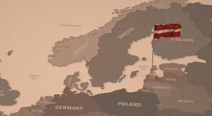 Flag on the map of latvia.
Vintage Map and Flag of European Countries Series 3D Rendering
