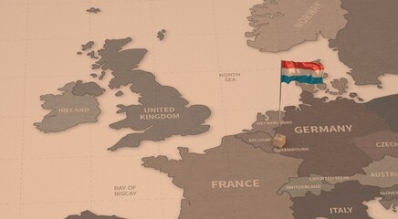 Flag on the map of luxembourg.
Vintage Map and Flag of European Countries Series 3D Rendering