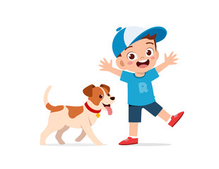happy cute little kid boy girl play with pet dog