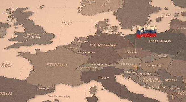 Flag On The Map Of Slovenia.
Vintage Map And Flag Of European Countries Series 3D Rendering