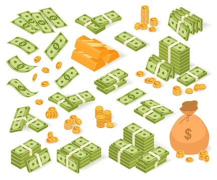 Isometric money vector illustration set. Cartoon collection of paper dollar banknotes, coin bag, gold bar money stack or pile. Cash currency investment capital, money treasure icons isolated on white