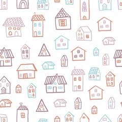 Vector seamless pattern with houses in doodle style. Stylish background for a nursery in Scandinavian colors.