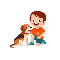 happy cute little kid boy girl play with pet dog