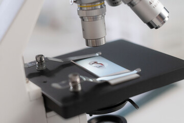 Extreme close-up of a blood sample on a glass of a modern microscope