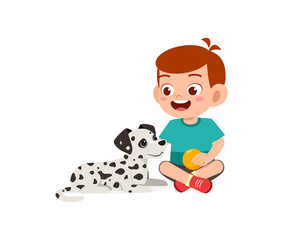 happy cute little kid boy girl play with pet dog