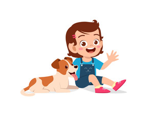 happy cute little kid boy girl play with pet dog