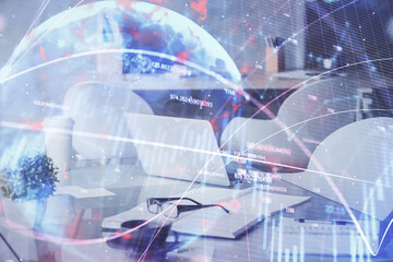 Double exposure of stock market graph drawing and office interior background. Concept of financial analysis.