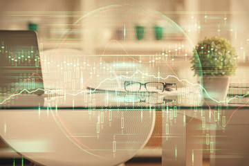Double exposure of financial graph drawing and office interior background. Concept of stock market.