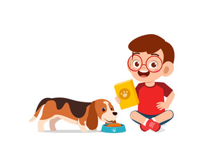 happy cute little kid boy girl play with pet dog