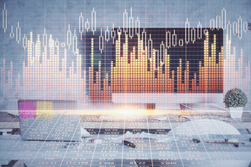 Multi exposure of financial graph drawing and office interior background. Concept of market analysis.