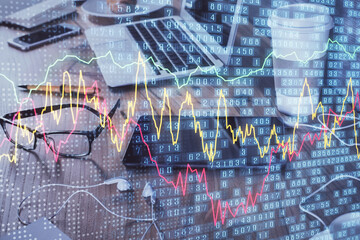 Double exposure of forex chart drawing and cell phone background. Concept of financial trading