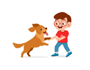 happy cute little kid boy girl play with pet dog