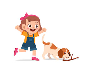 happy cute little kid boy girl play with pet dog