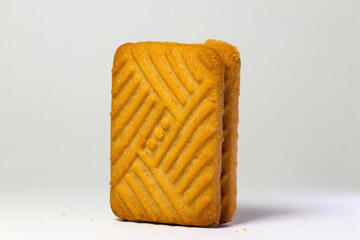 Chocolate cream biscuit standing in side angle vertical