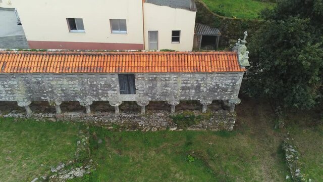 Horreo or granary in Galicia,Spain. Aerial Drone Footage