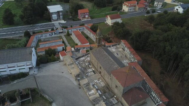 Village with horreo in the coast of Galicia,Spain. Aerial Drone Footage