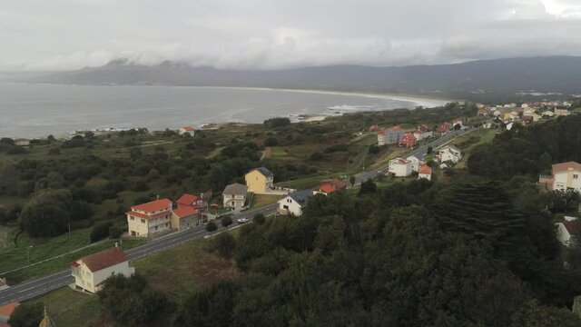 Village with horreo in the coast of Galicia,Spain. Aerial Drone Footage