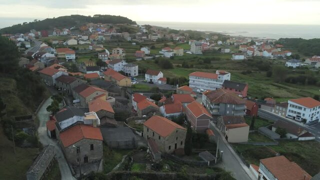 Village with horreo in the coast of Galicia,Spain. Aerial Drone Footage