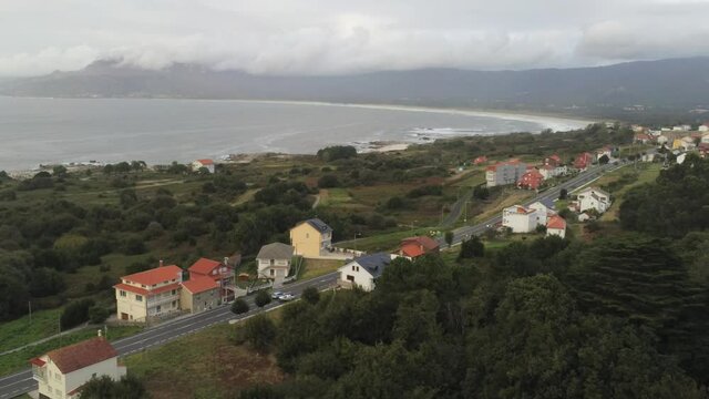 Village with horreo in the coast of Galicia,Spain. Aerial Drone Footage