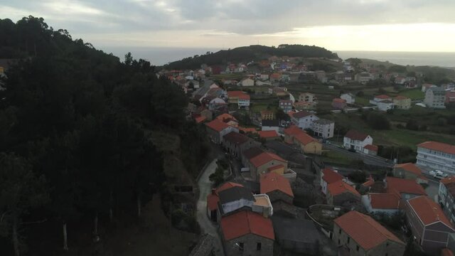 Village with horreo in the coast of Galicia,Spain. Aerial Drone Footage