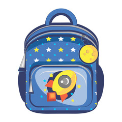 Vector image of a children's backpack, a rocket and the moon on a briefcase, an educational bag for a boy, a blue backpack like with multi-colored stars, an element for a design on a school theme
