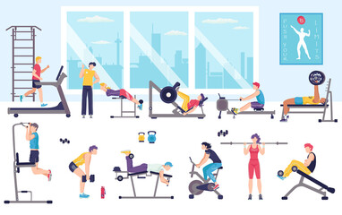 Fototapeta na wymiar People workout in gym vector illustration. Cartoon flat man woman characters doing sport exercises with dumbbells, running, working on sport equipment. Gymnasium for fitness activity isolated on white