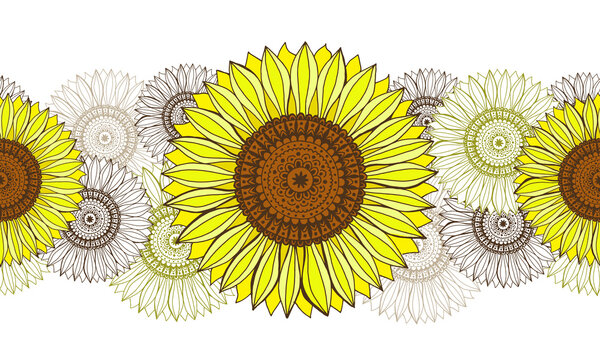 Vector sunflower border, endless yellow flowers for creativity, contour flowers on the background, flower field illustration, floral pattern for wedding patterns and invitations