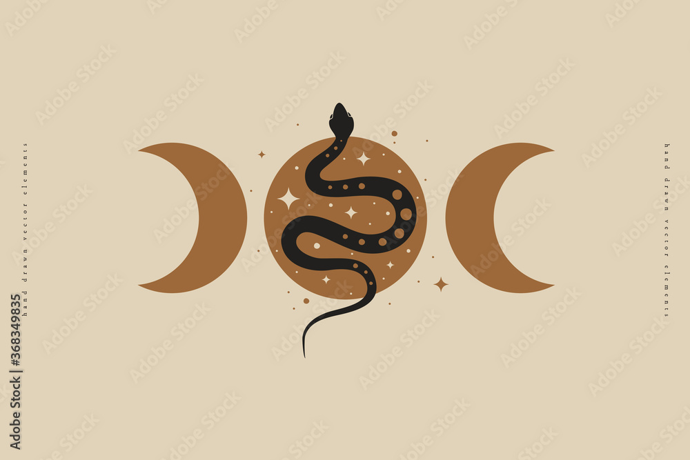 Poster magic snake with moon and crescents. mystical symbols in a trendy minimalist style on a light backgr