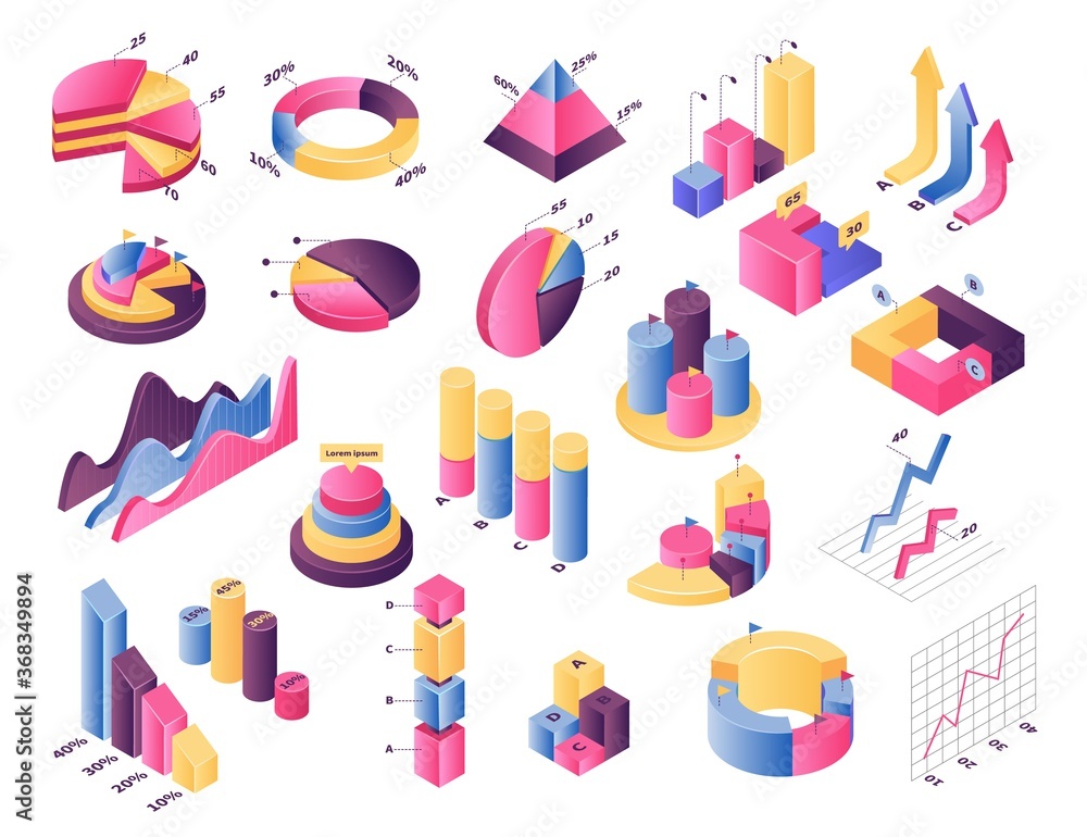 Poster isometric graph chart vector illustration set. 3d infographic elements, diagram bar with stats perce