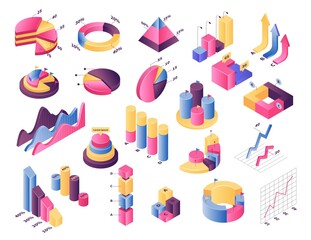 Isometric graph chart vector illustration set. 3d infographic elements, diagram bar with stats percent or graphic pie chart, collection icons for financial analysis, statistic report isolated on white